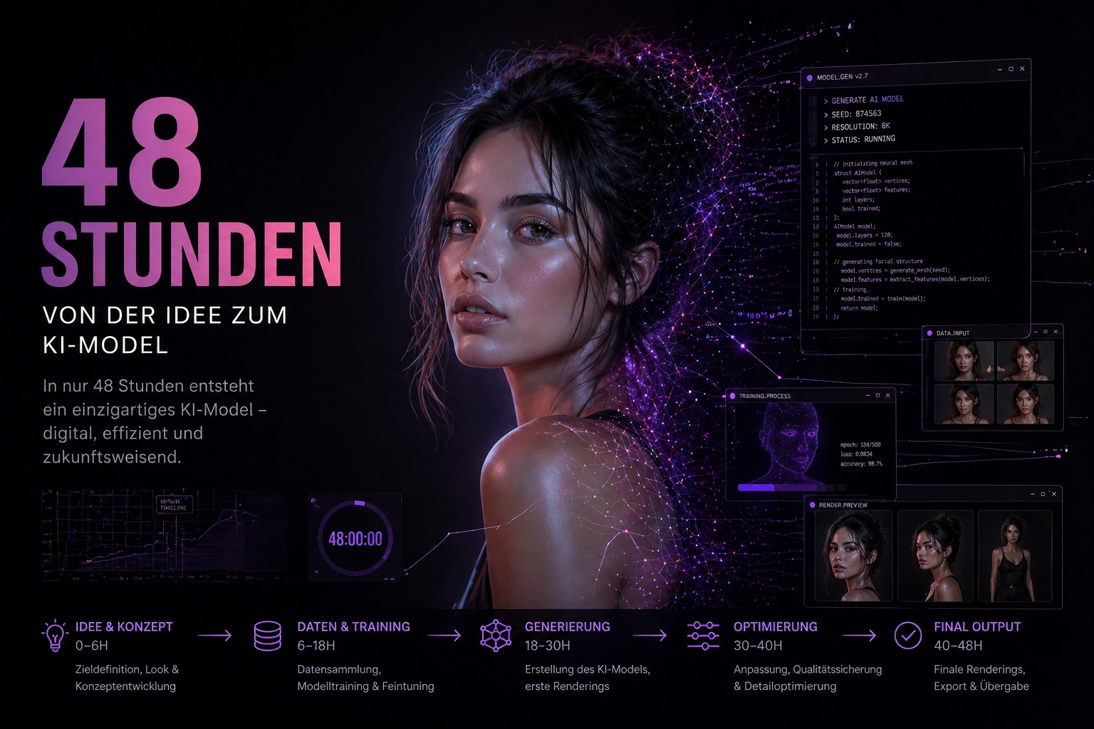 Fotorealistisches weibliches KI-Model mit digitalem Netzwerk und Interface, futuristische Darstellung, Trickhouse KI-Model-Agentur