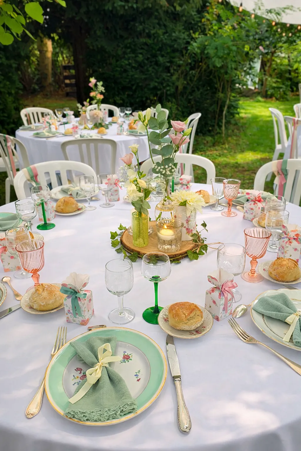 Table de mariage dressée en jardin avec assiettes vert d'eau, serviettes ornées de rubans, bouquet de fleurs champêtres et verres en cristal coloré pour une réception élégante.