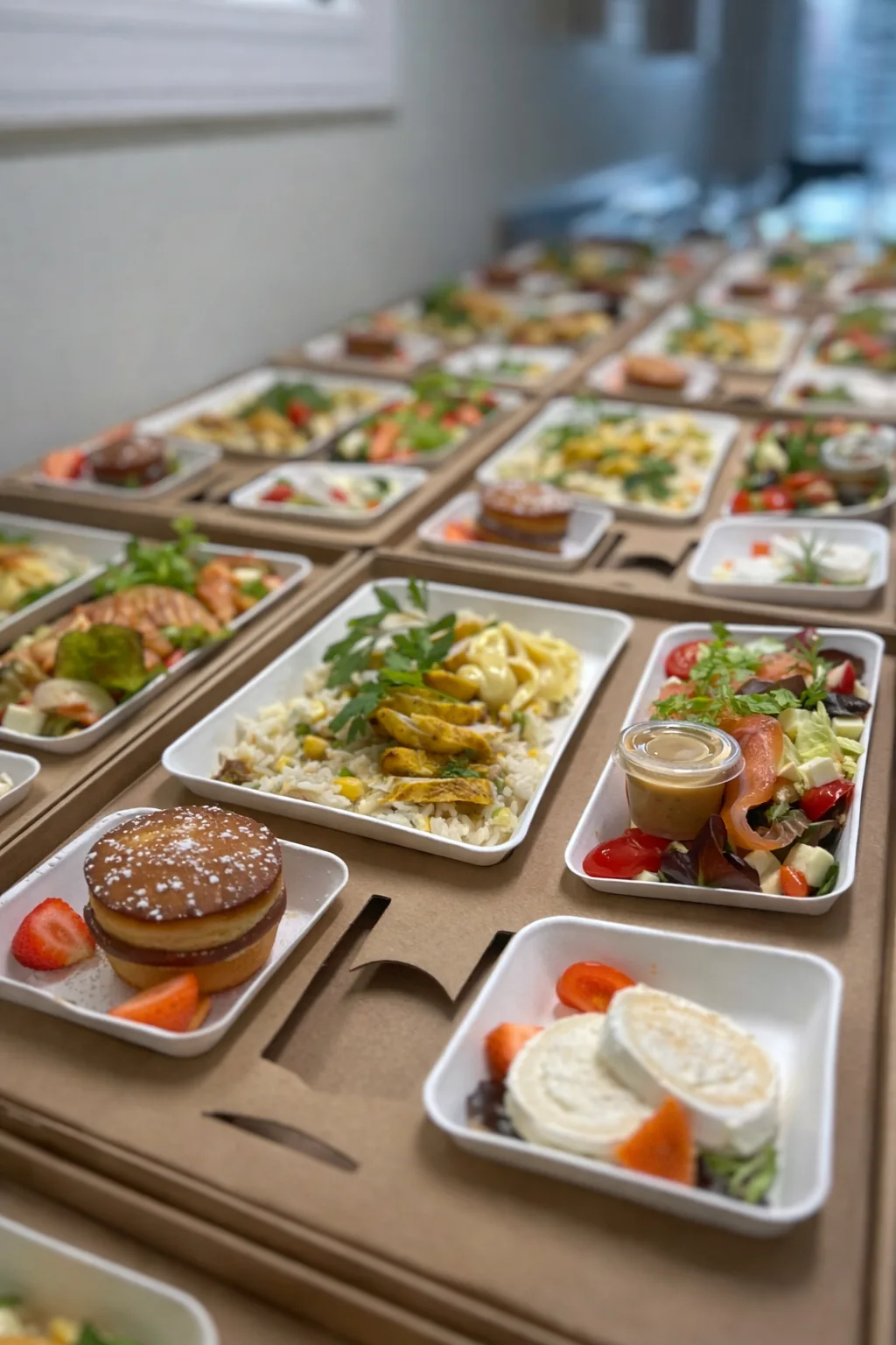 Plateaux-repas individuels en carton kraft alignés avec entrée saumon, plat principal et fromage de chèvre, prêts pour service séminaire ou entreprise.