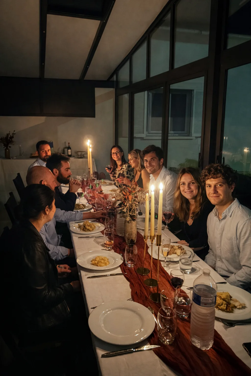 Repas de mariage entre invités, table dressée aux bougies — service traiteur A Votre Goût