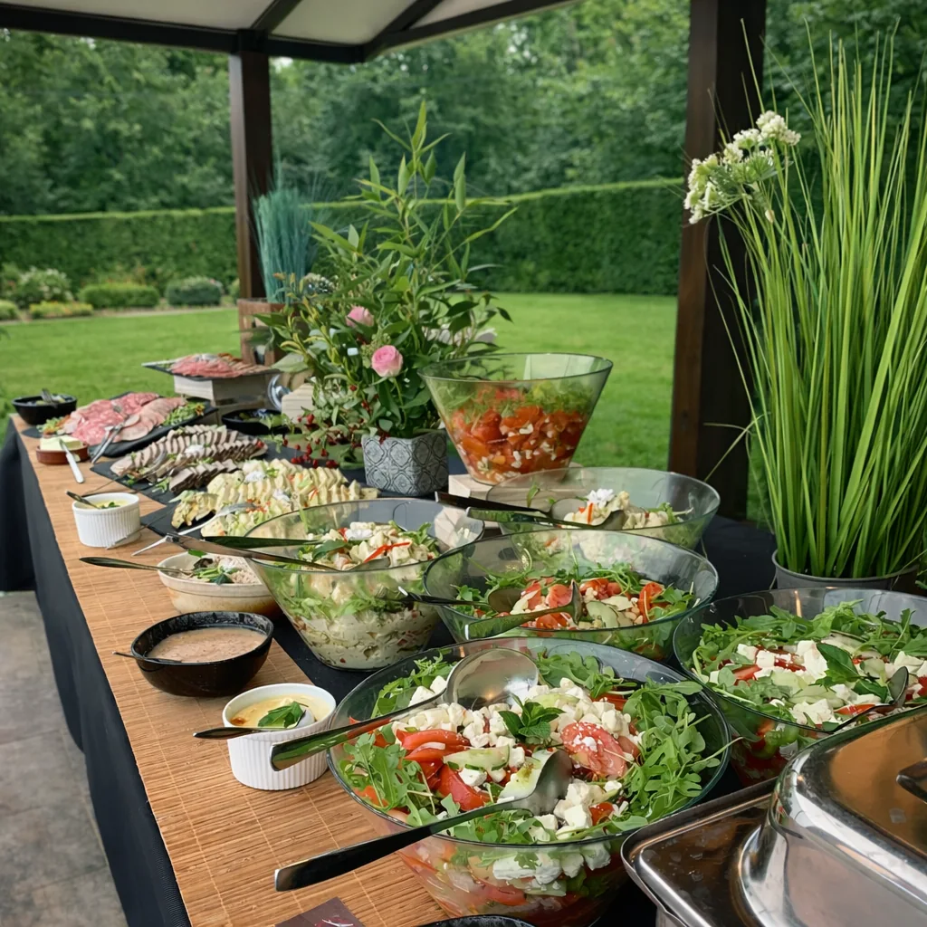 Buffet froid de salades composées variées présentées sous tonnelle en jardin, avec saladiers de roquette tomate feta, charcuterie et bouquet floral champêtre pour réception estivale.