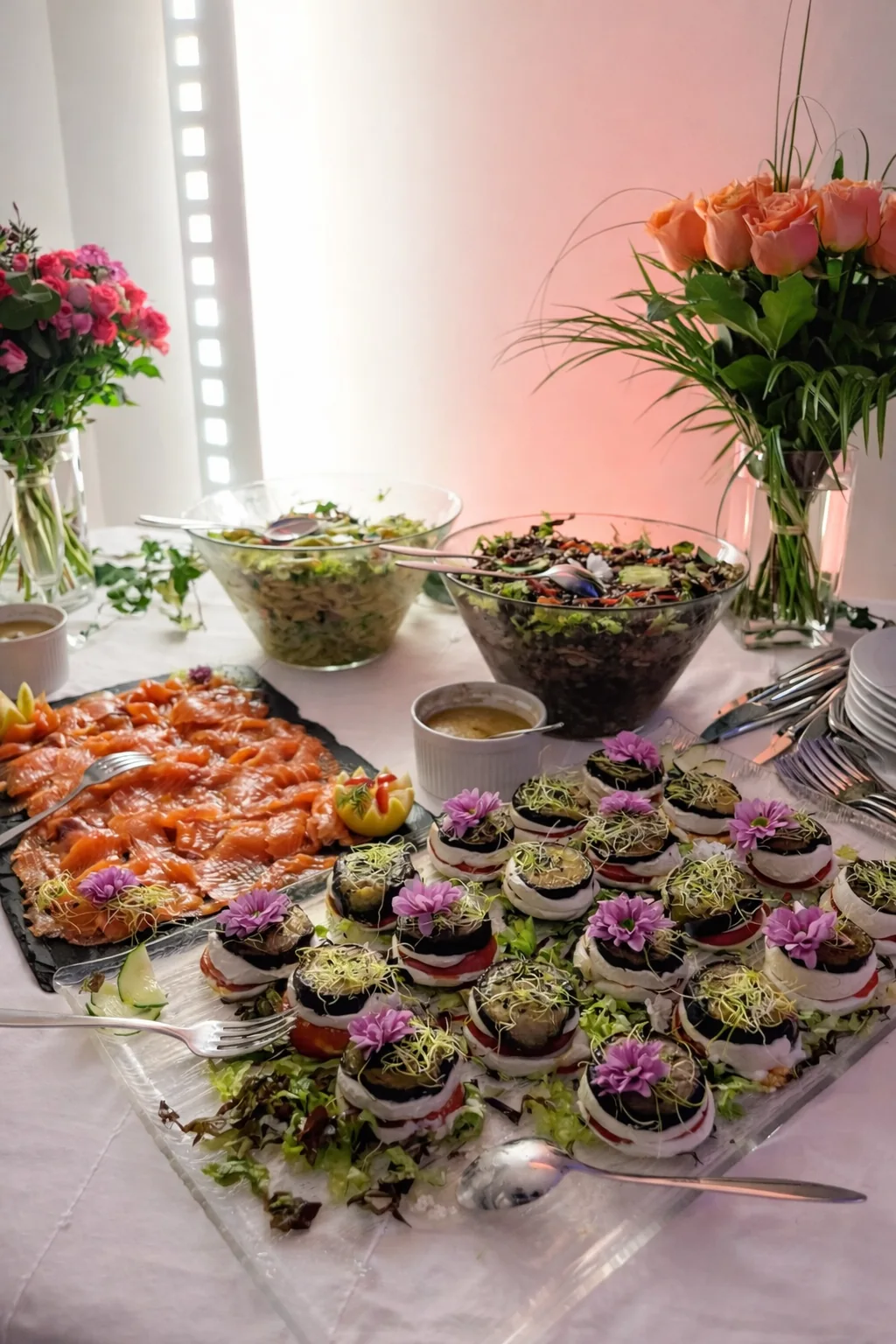 Buffet de saumon fumé en tranches et canapés aux fleurs comestibles présentés avec saladiers et bouquets de roses pour une réception raffinée.