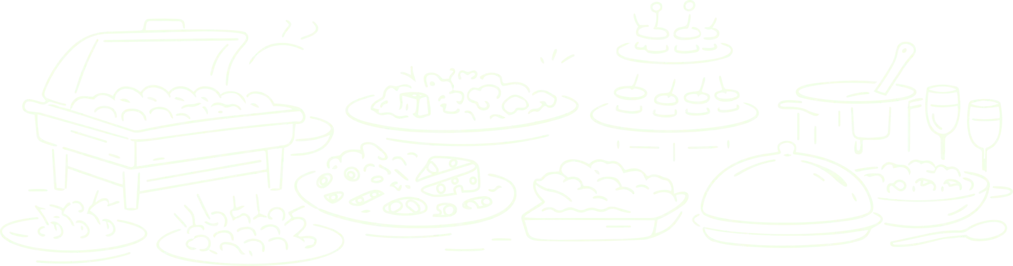 Illustration décorative line-art représentant un buffet traiteur avec chafing dish, plats garnis, présentoir de mignardises et cloche de service.