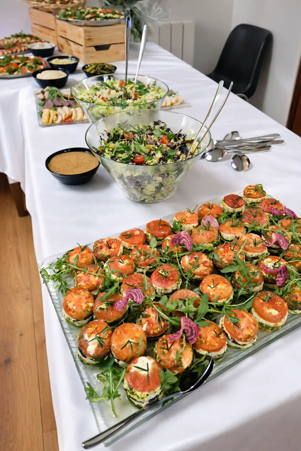 Buffet cocktail dressé avec plateau de mini-burgers garnis de roquette et oignons rouges, accompagné de salades composées en saladiers transparents.