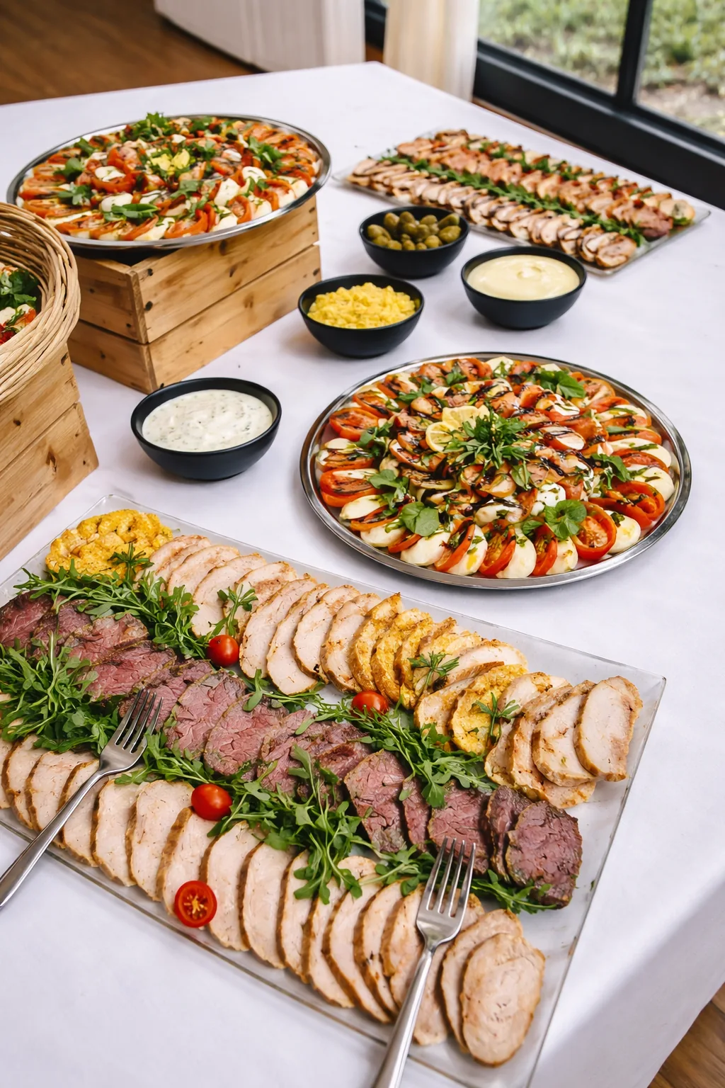 Buffet traiteur événementiel dressé avec planche de charcuterie et viandes tranchées sur lit de roquette, salades caprese tomate-mozzarella et bols de condiments.