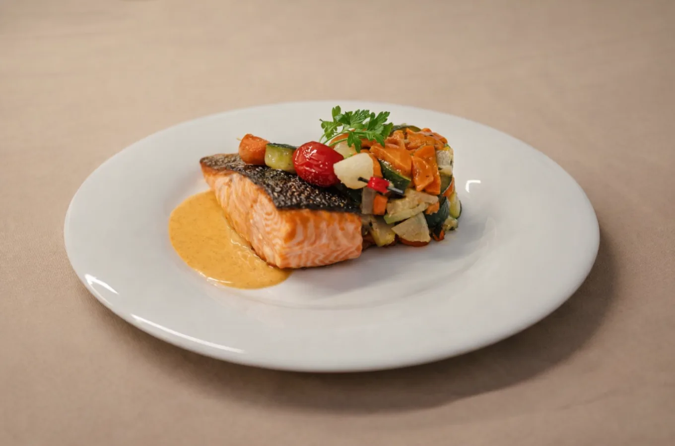 Plat individuel dresse : pave de saumon grille a la peau croustillante, accompagne d'une poelee de legumes du soleil colores et d'un trait de sauce, presente sur assiette blanche.