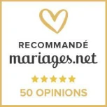 Badge Recommande Mariages.net affichant 5 etoiles et 50 opinions clients pour le traiteur A Votre Gout.