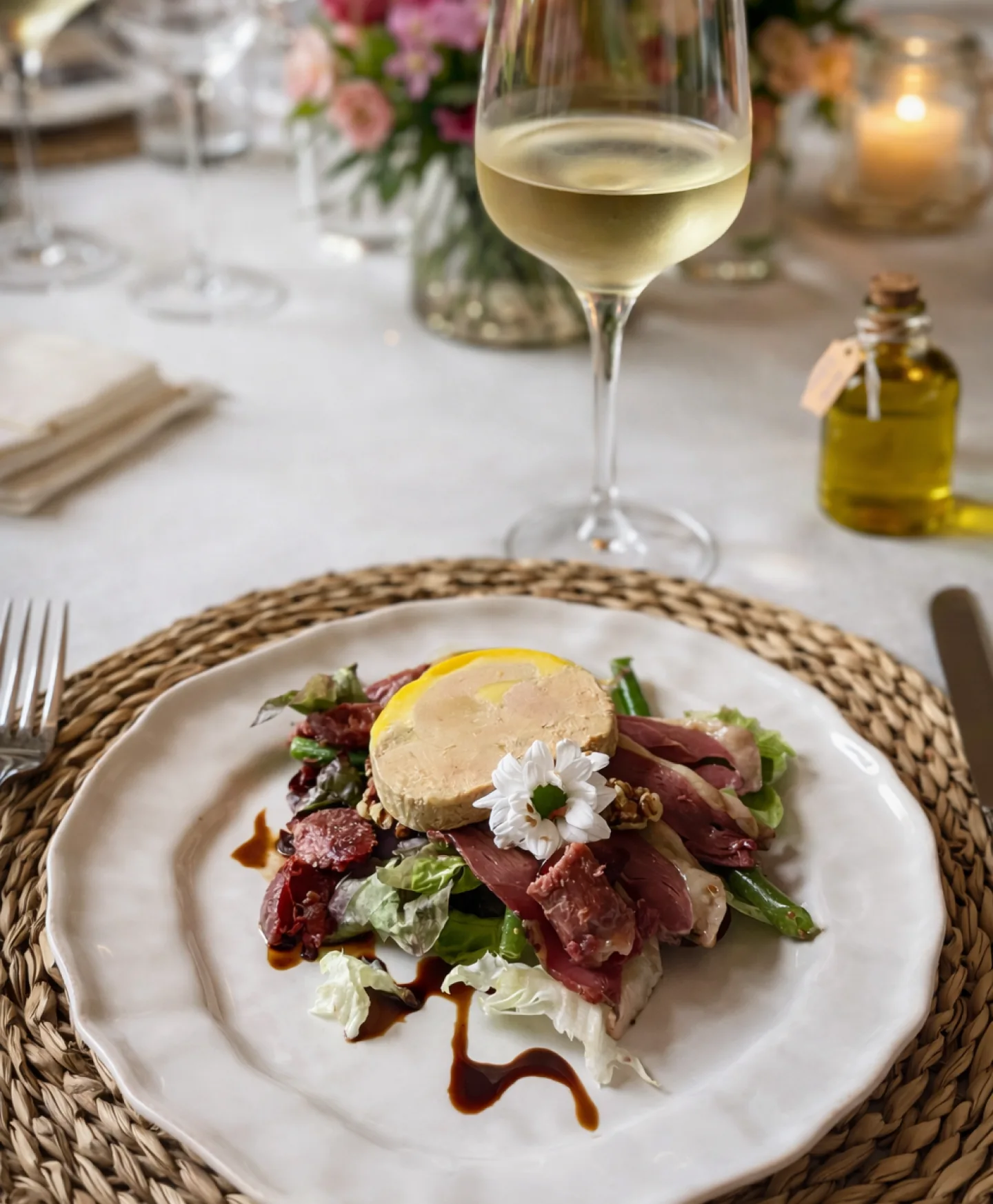 Assiette gastronomique dressee avec foie gras, magret de canard fume, salade et reduction balsamique, accompagnee d'un verre de vin blanc et d'une bouteille d'huile, sur sous-assiette en jonc tresse.