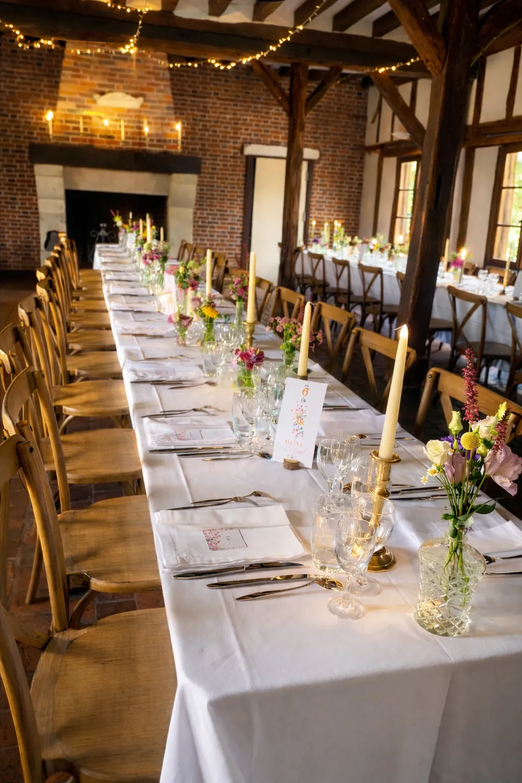 Longue tablée de mariage dressée dans une grange en briques, chandelles ivoire, verres en cristal et soliflores fleuris alignés sous une guirlande lumineuse pour une réception chaleureuse et élégante.