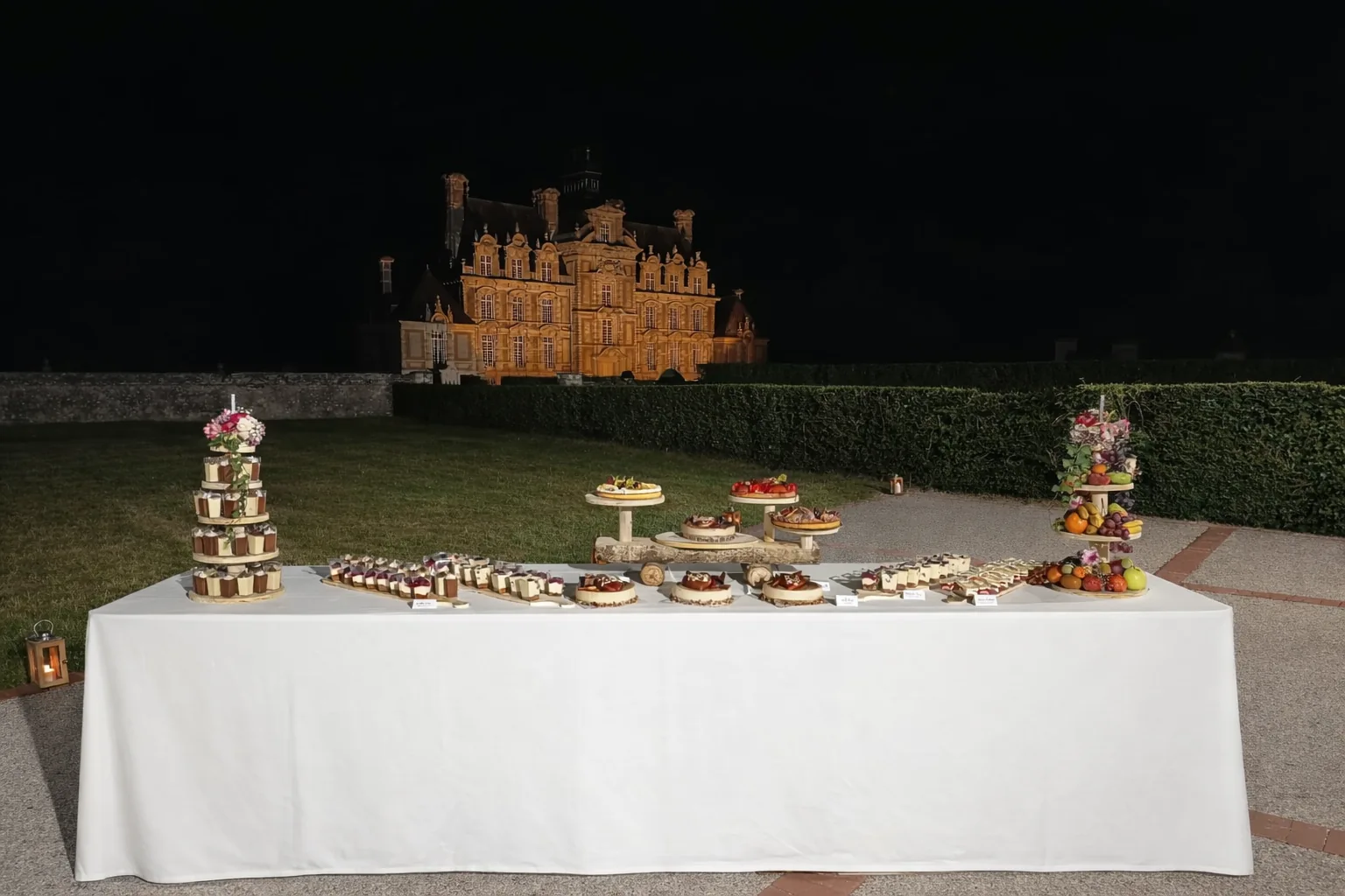 Buffet sucré déployé devant un château illuminé à la nuit tombée, présentoirs étagés de mignardises, gâteaux et fruits frais mettant en scène un dessert de mariage spectaculaire.