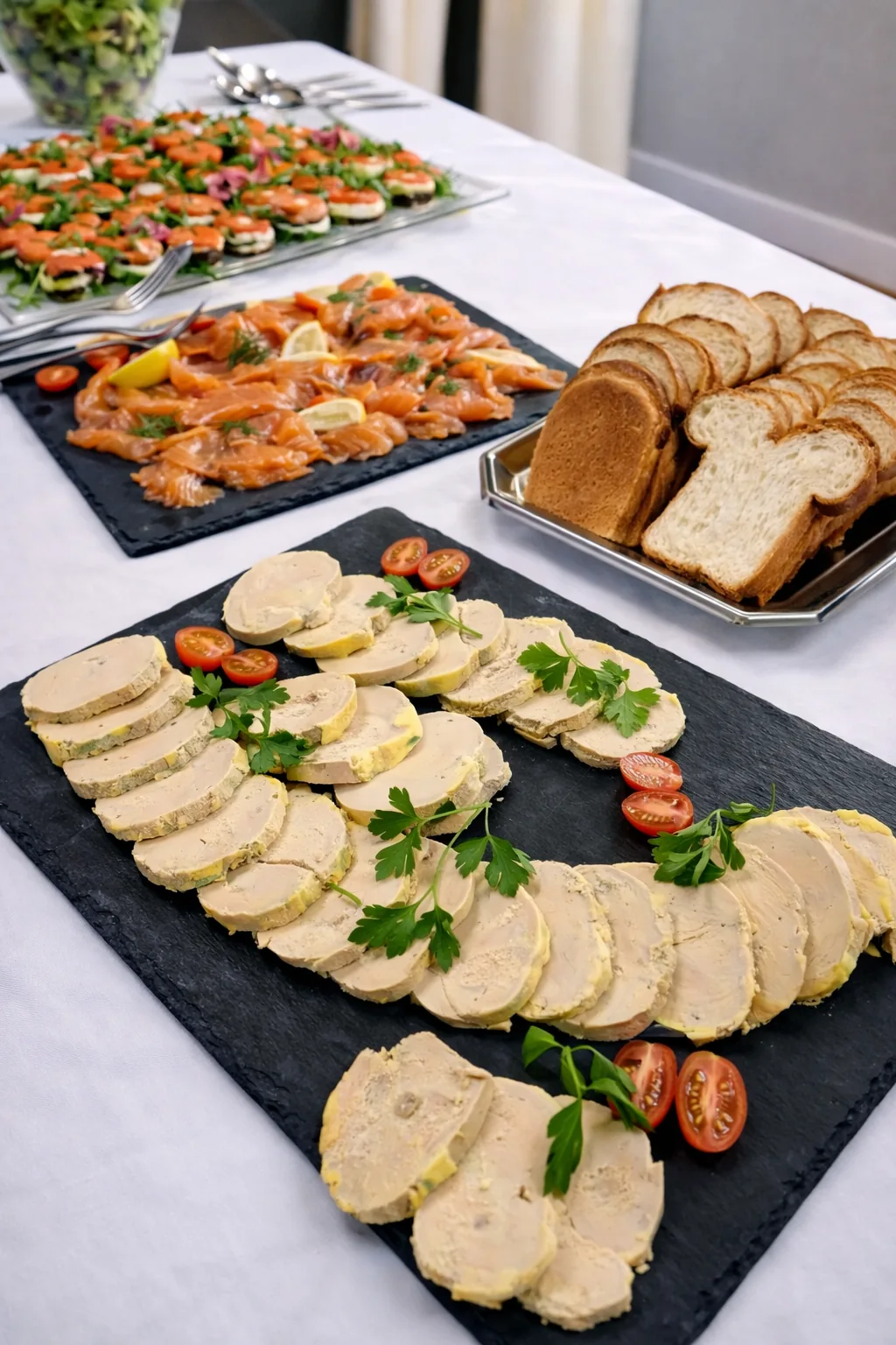 Ardoises de foie gras tranché et de saumon fumé persillé, accompagnées d'une corbeille de pain de campagne et de canapés colorés dressés en arrière-plan.