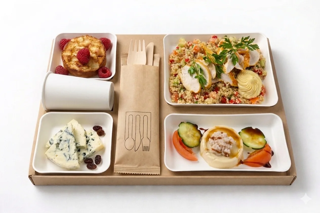 Plateau-repas végétarien livré en boîte carton, composé d'une salade de céréales aux légumes, d'un fromage bleu aux fruits secs, d'un crumble aux fruits rouges et de légumes grillés, vu de dessus.