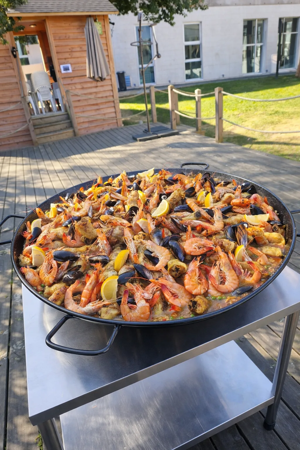Grande paella royale garnie de crevettes, moules et quartiers de citron, présentée dans une poêle géante sur une desserte en extérieur — plat à partager convivial pour événement traiteur.