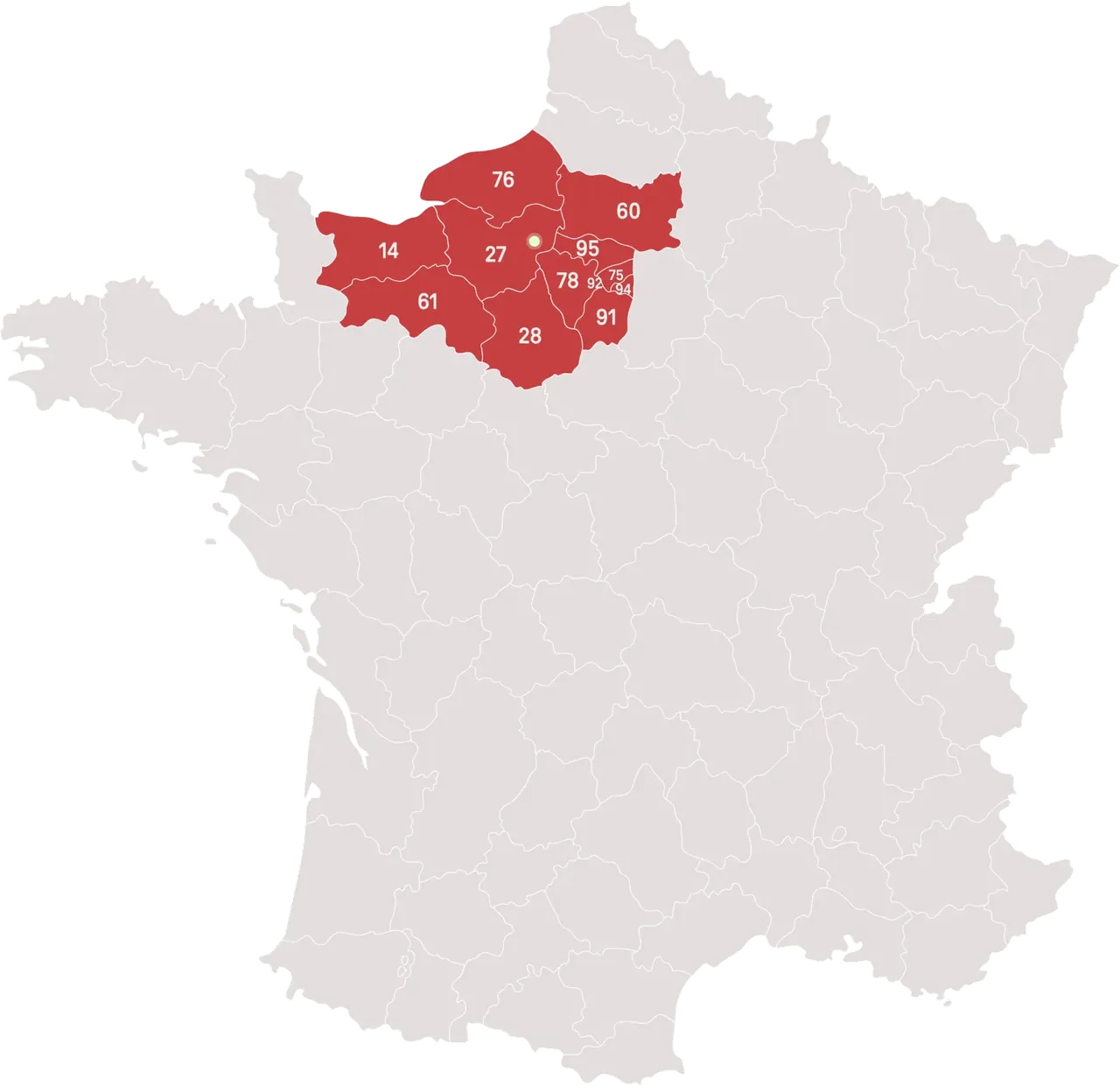 Carte de France illustrant les zones de livraison d'A Votre Goût en Île-de-France et départements limitrophes (75, 76, 77, 78, 91, 92, 93, 94, 95, 14, 27, 28, 60, 61).