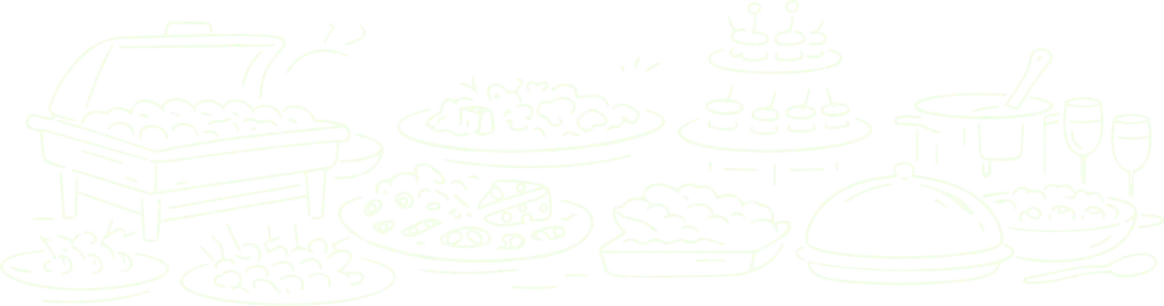 Illustration décorative line-art représentant un buffet traiteur avec chafing dish, plats garnis, présentoir de mignardises et cloche de service.