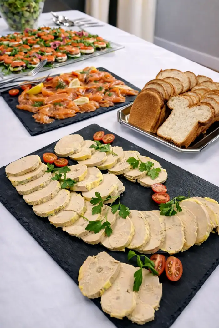 Ardoises de foie gras tranché et de saumon fumé persillé, accompagnées d'une corbeille de pain de campagne et de canapés colorés dressés en arrière-plan.