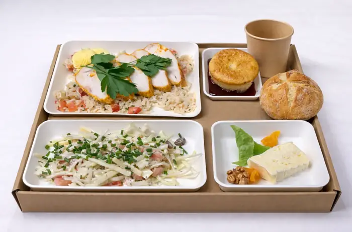 Plateau-repas complet en vue de dessus avec escalope de volaille sur lit de taboulé, salade de champignons à la crème, plateau de fromages aux fruits secs, petit pain et dessert individuel.
