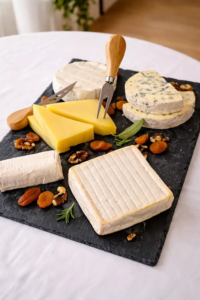 Plateau de fromages variés sur ardoise : camembert, comté, fromage bleu, fromage à pâte molle et truffe, accompagnés de fruits secs et noix pour un brunch raffiné.