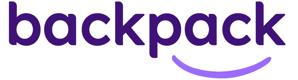 Logo with the word 'backpack' in dark purple and a curved smile line underneath.