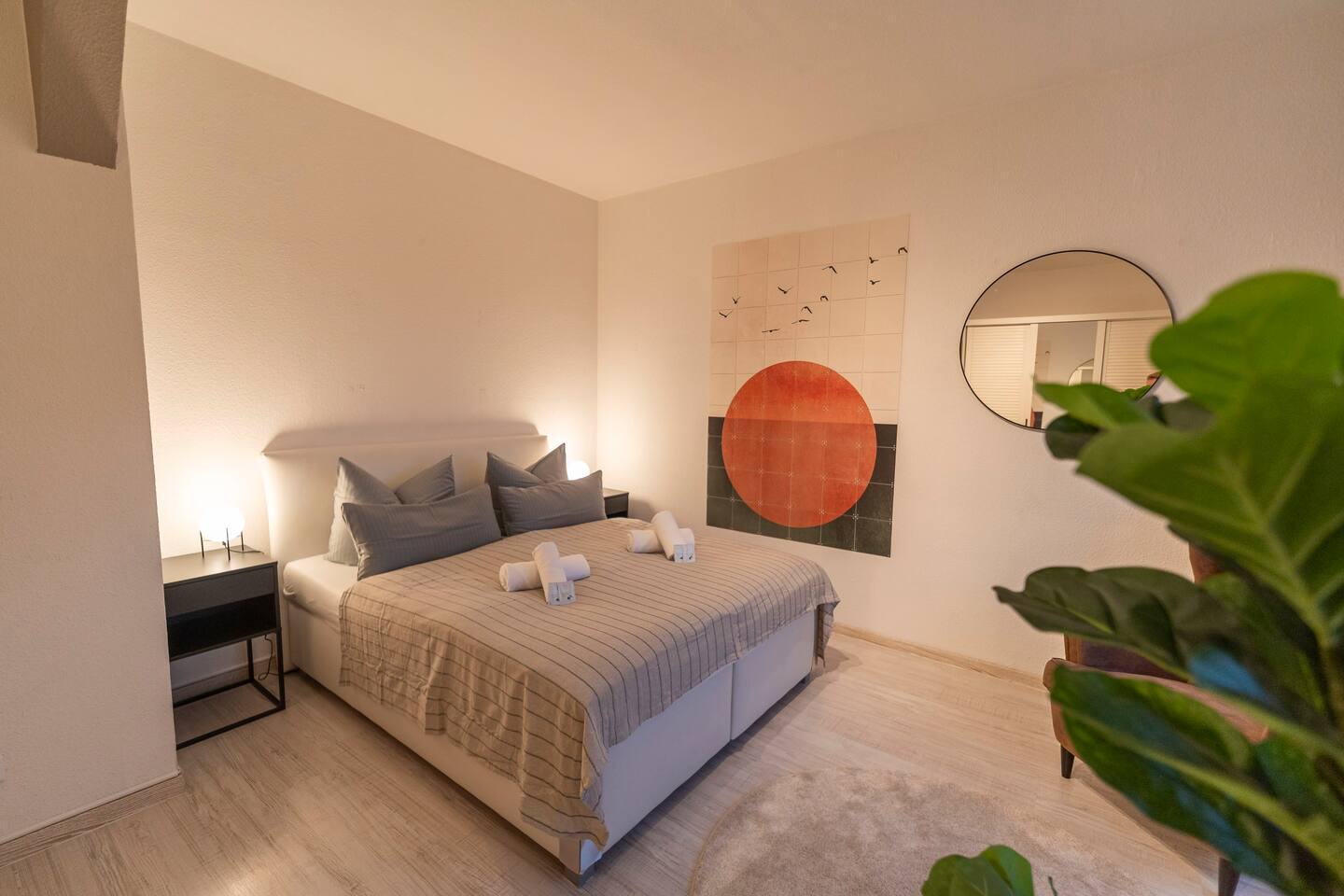 Bright bedroom with king-size double bed