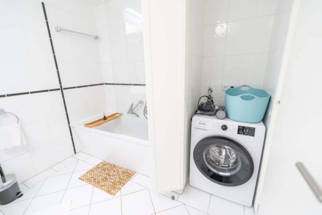 Bathtub, washing machine, hairdryer and iron