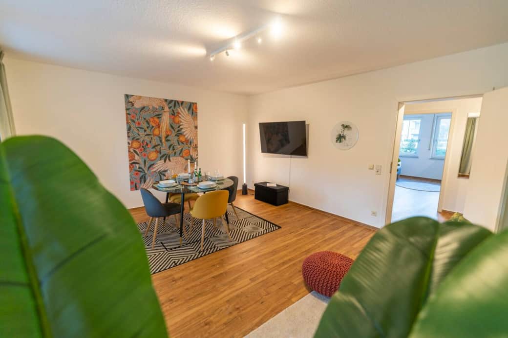 Living room with sofa bed, dining area and 55-inch TV