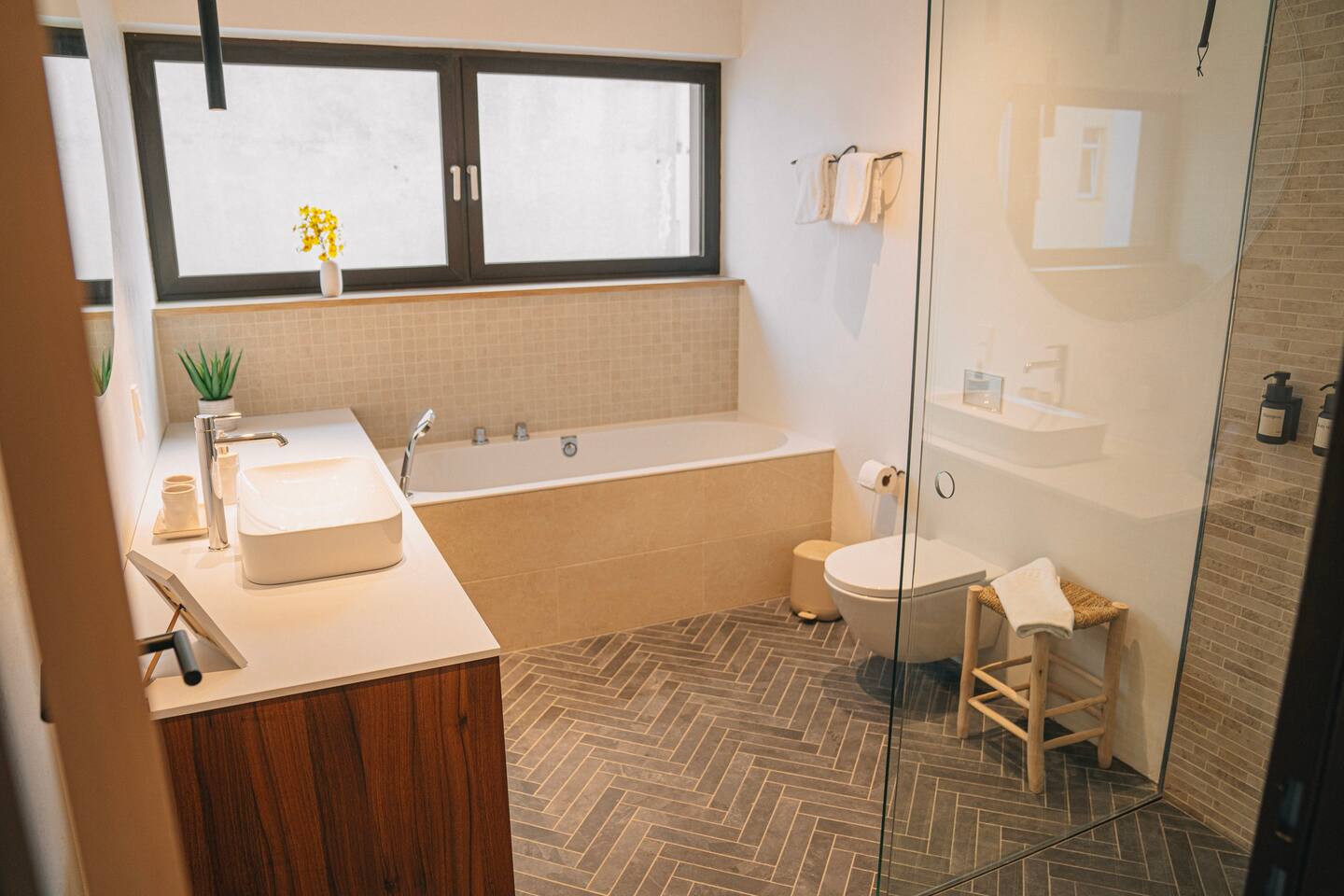 Luxuriously equipped bathroom with a walk-in shower and an elegant bathtub