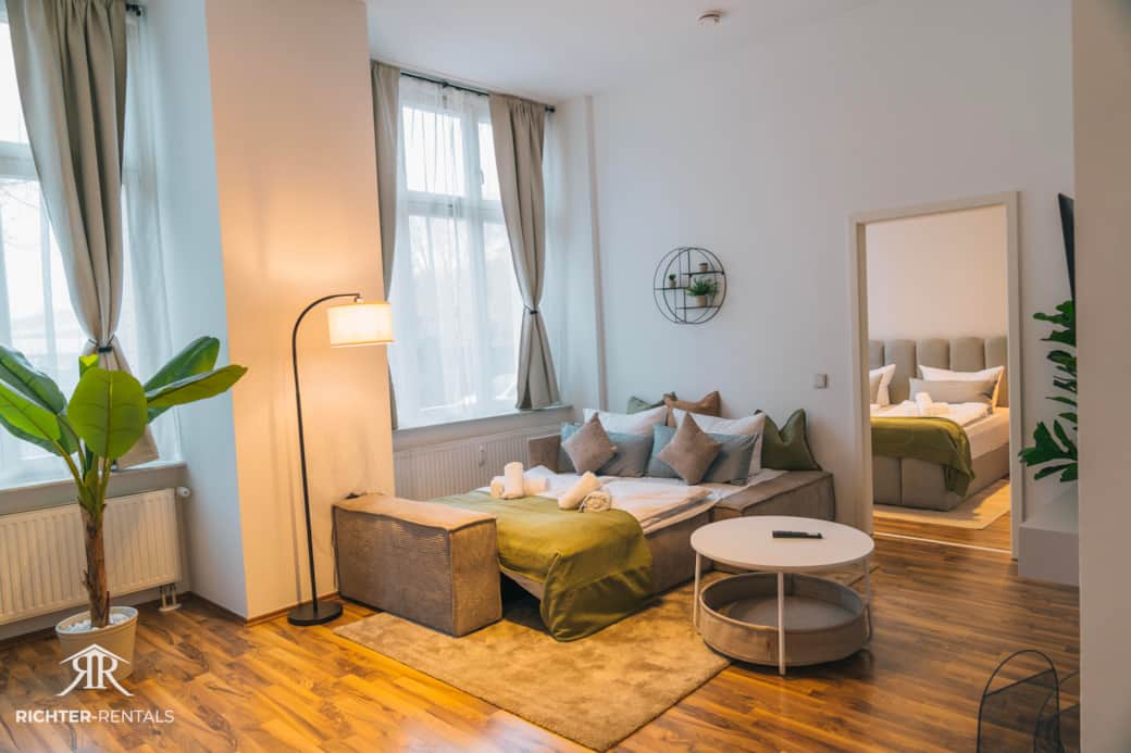 Living area with cozy sofa bed
