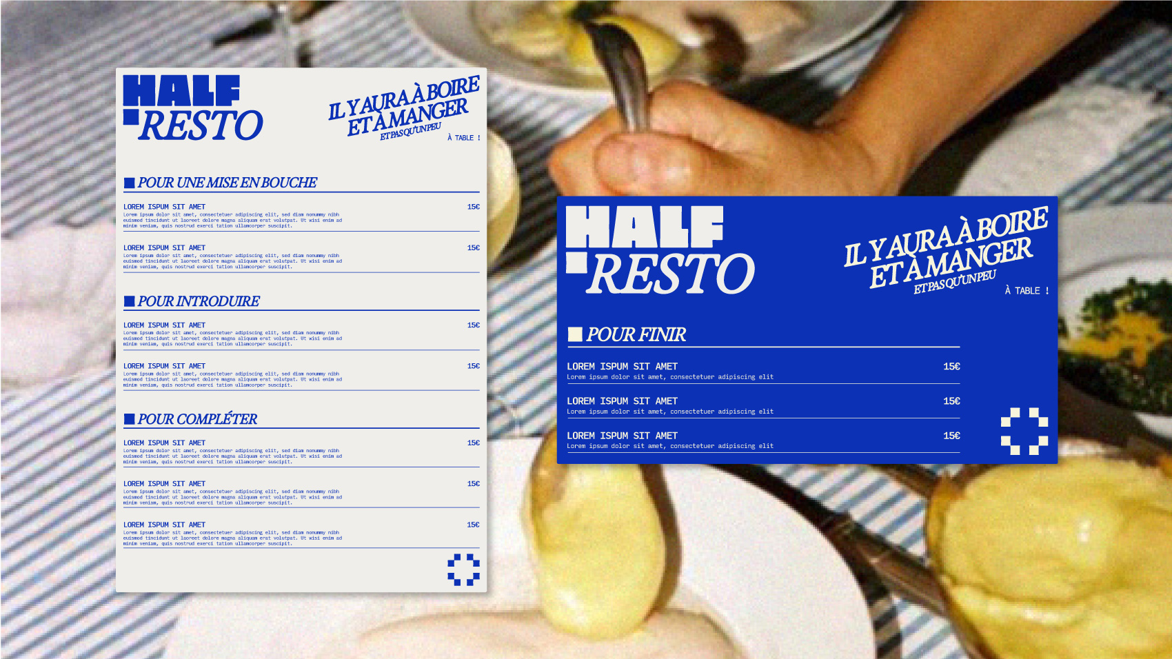 Menus du restaurant Half Resto avec sections pour une mise en bouche, pour introduire, pour compléter et pour finir, affichant des prix à 15€.
