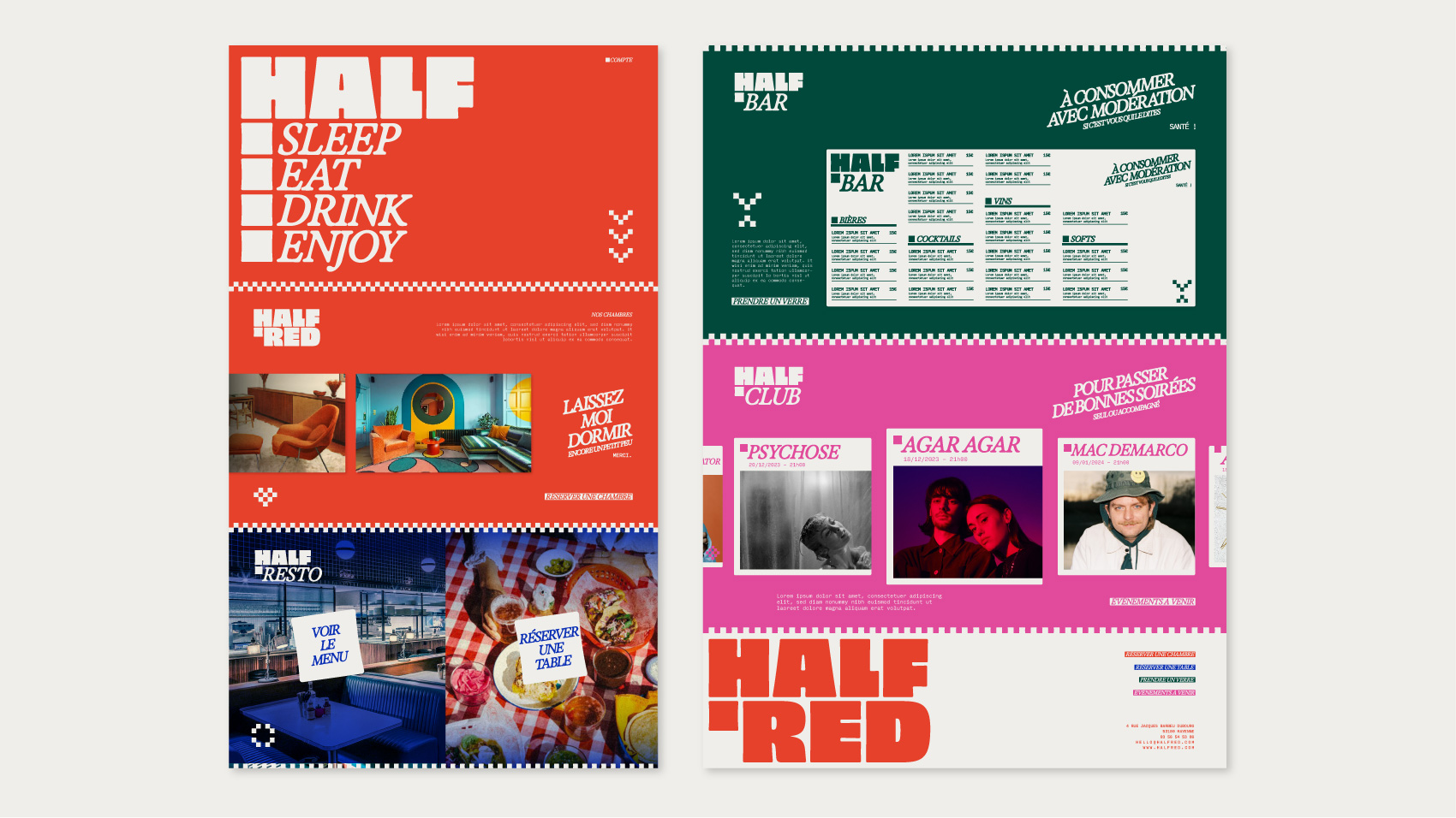 Brochure colorée pour Half Red avec sections pour dormir, manger, boire et profiter, images de chambres et restaurant, et événements de club.