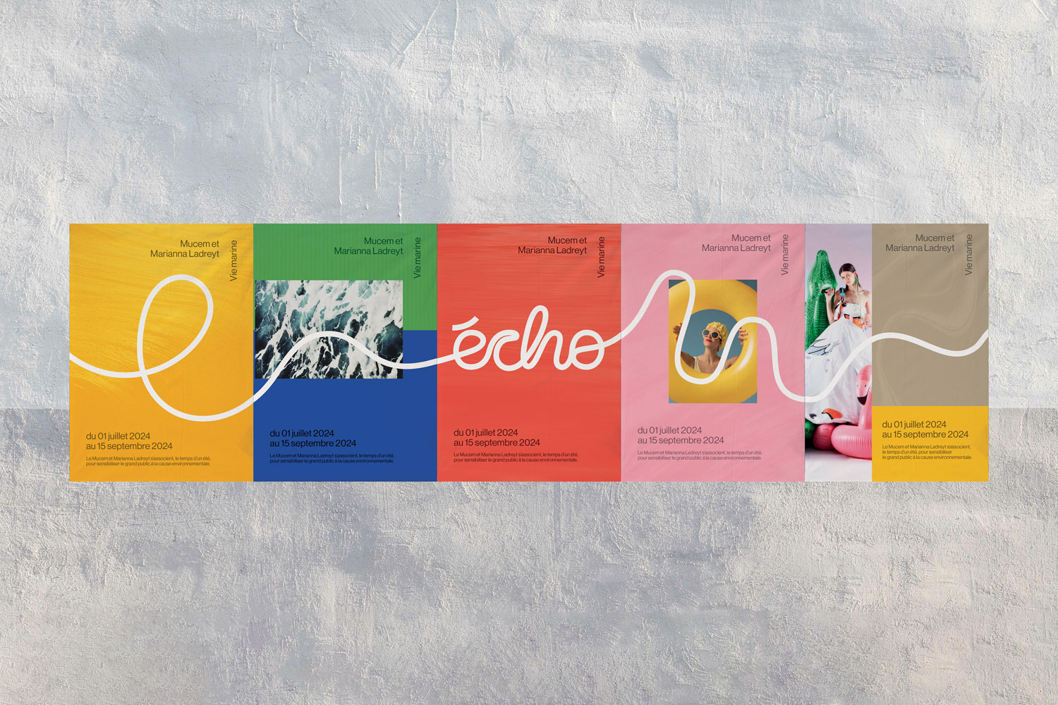 Une série d'affiches colorées pour l'événement 'écho' du 1er juillet au 15 septembre 2024, organisé par Mucem et Marianna Ladreyt, avec des images de la mer, personnes et motifs marins.