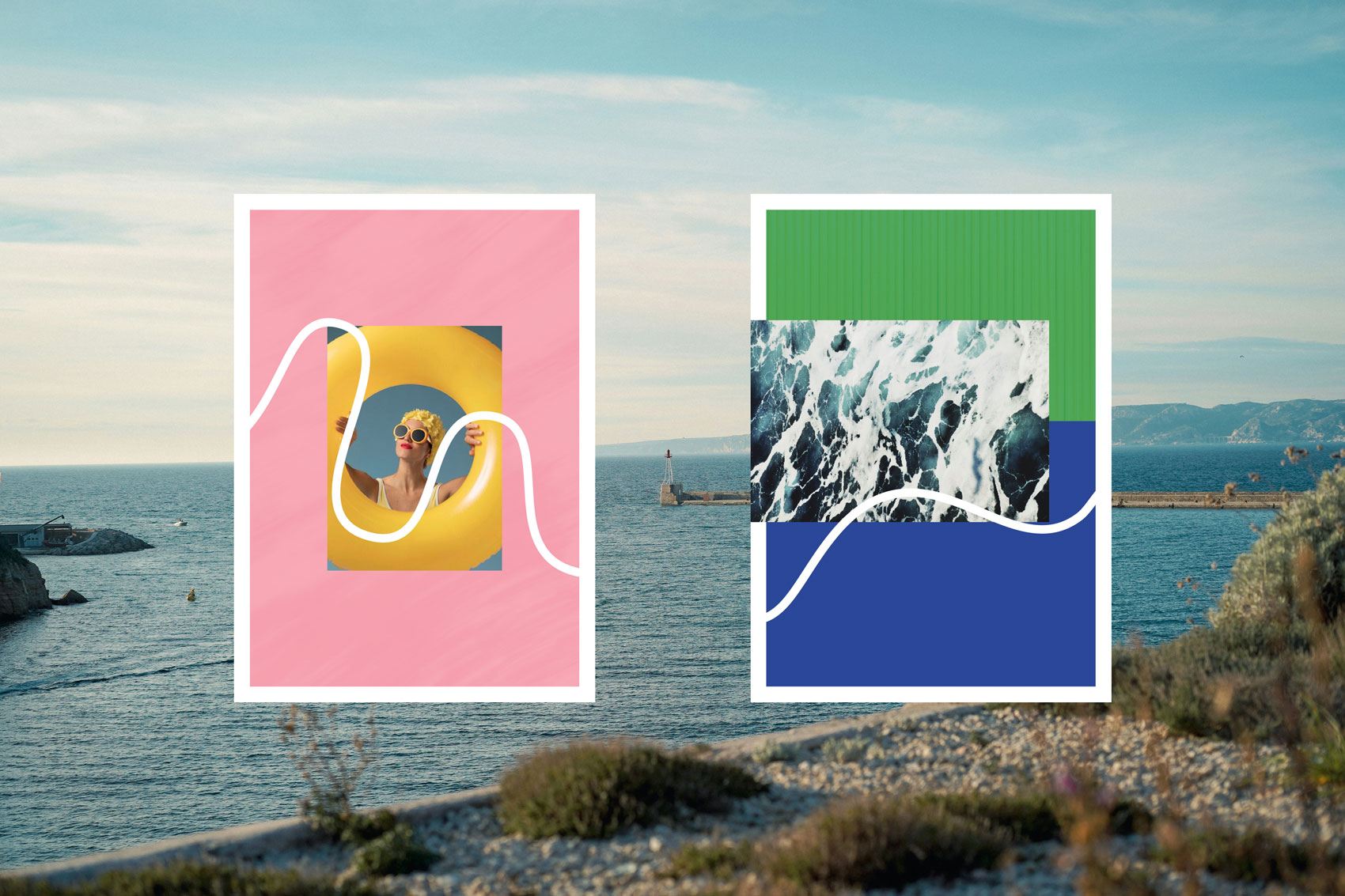 Deux cadres superposés sur une vue de la mer, à gauche une femme avec une bouée jaune sur fond rose, à droite une image de vagues sur fond vert et bleu.