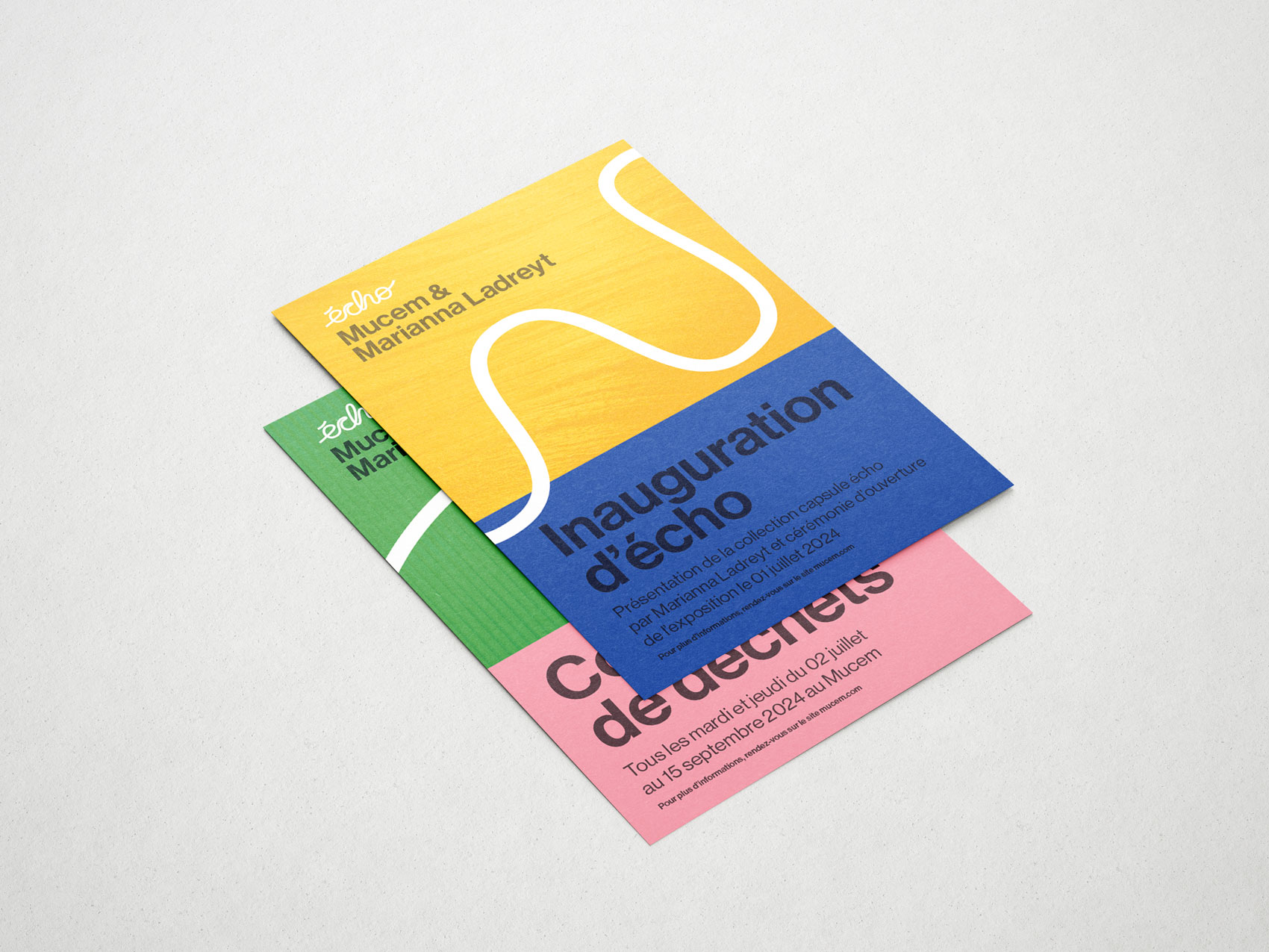 Deux flyers colorés superposés pour l'inauguration de la collection capsule écho au Mucem par Marianna Ladreyt, avec dates et détails de l'évènement.
