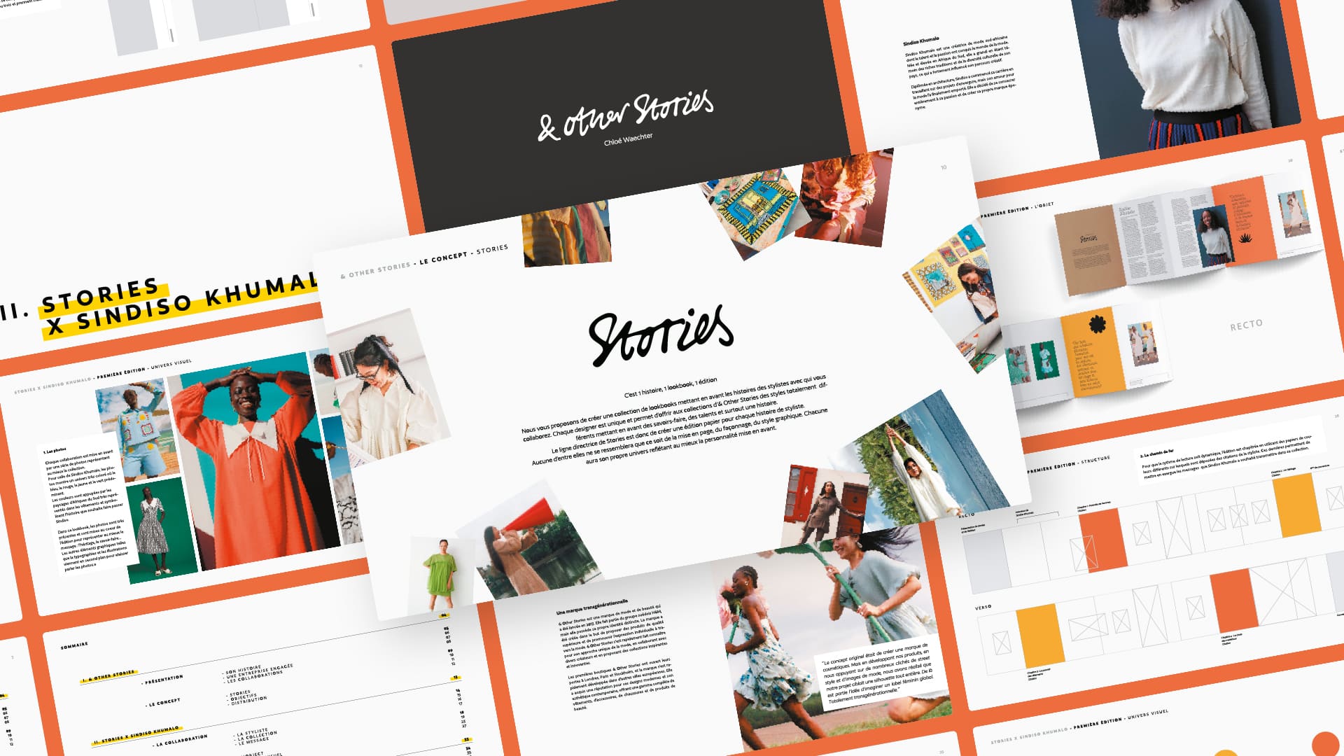 Pages d'un lookbook intitulé Stories présentant des photographies de mode et des textes explicatifs en français, avec une mise en page élégante et colorée.