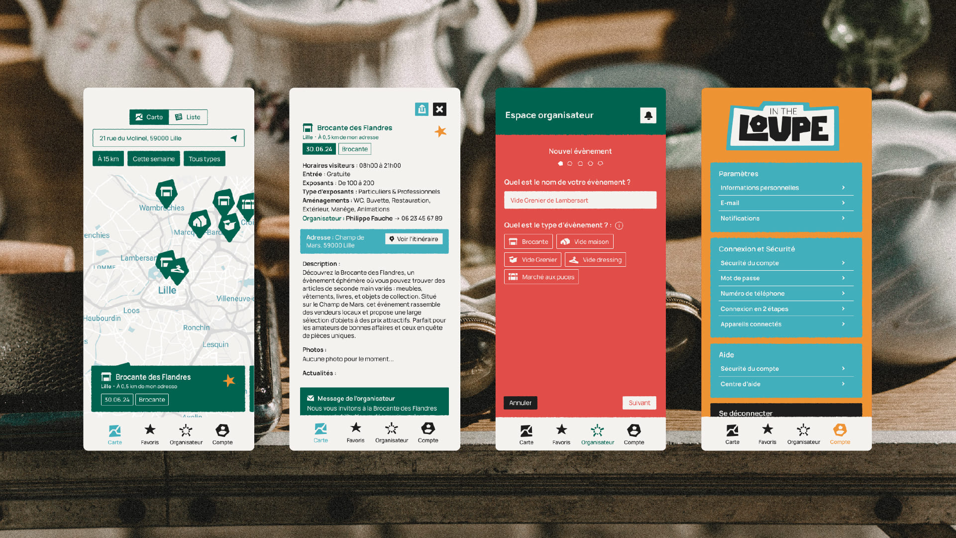 Capture d'écran de quatre écrans d'application mobile liés à l'organisation d'événements, affichant une carte, les détails d'un événement Brocante des Flandres, un formulaire de création d'événement, et un menu des paramètres utilisateur.