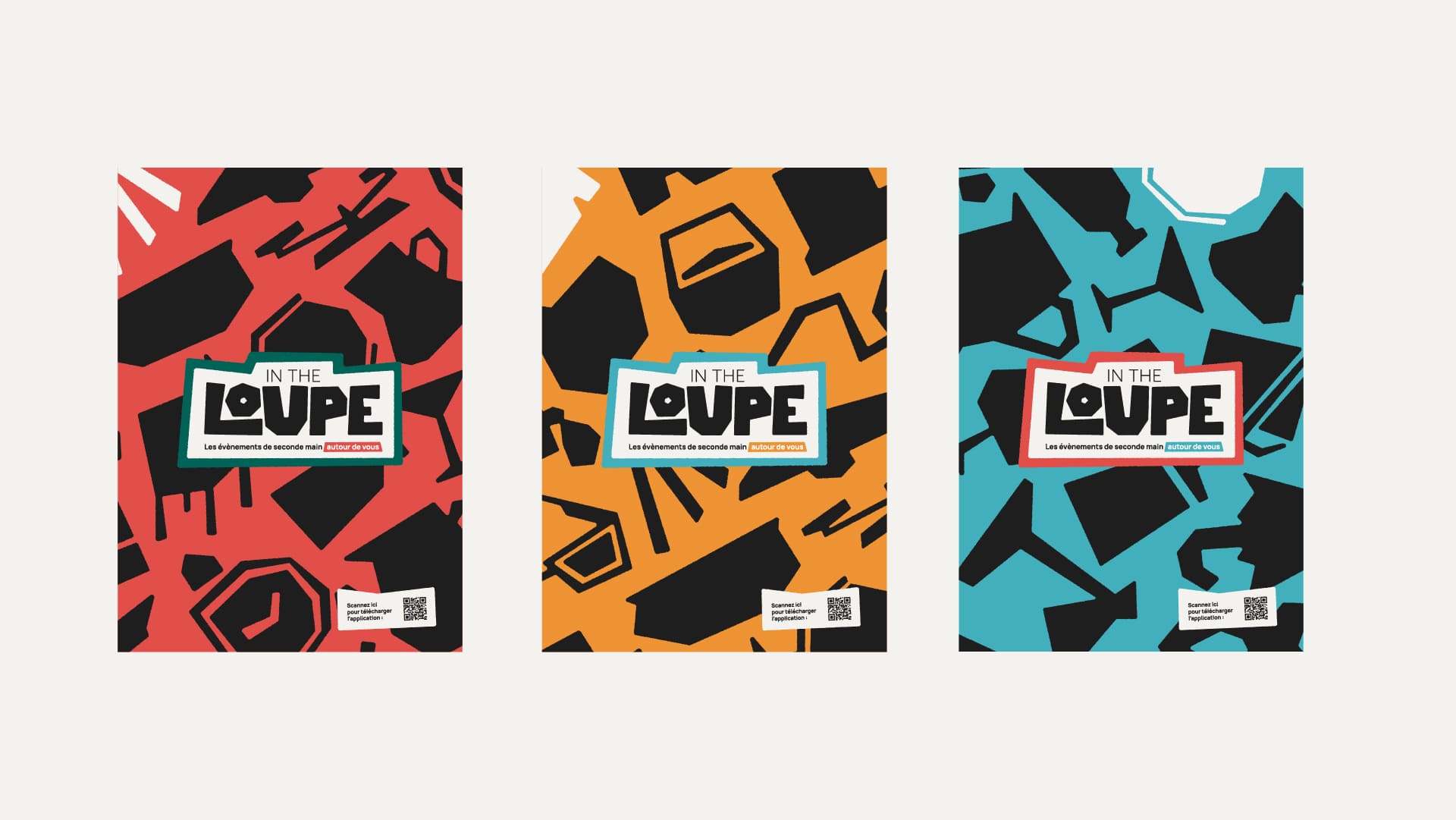 Trois affiches colorées d'In The Loupe avec motifs noirs d'objets variés sur fond rouge, orange et bleu.