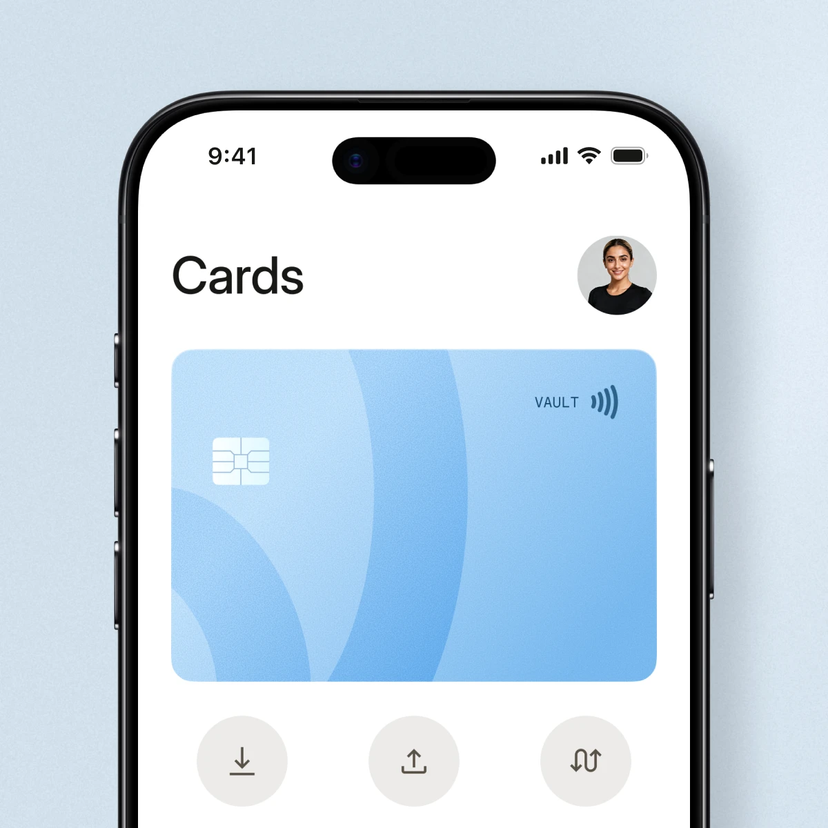 Smartphone screen displaying a digital banking card interface with a blue card labeled Vault and user profile.