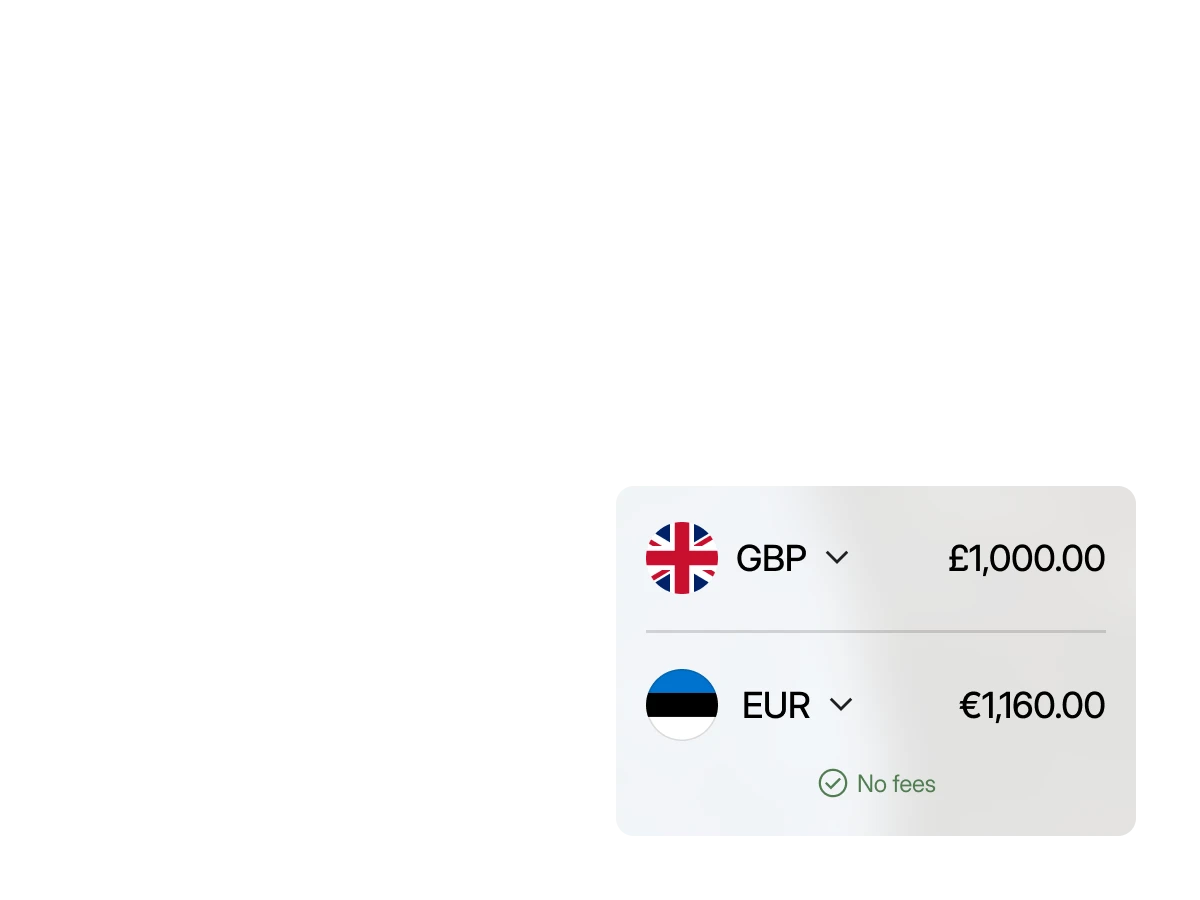 Currency exchange showing 1,000 GBP equals 1,160 EUR with no fees indicated.