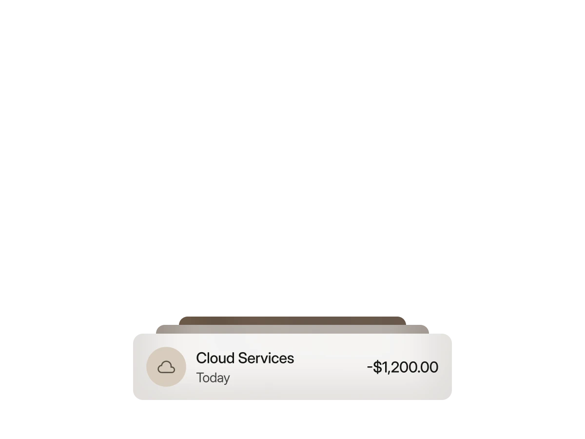 Transaction showing a $1,200 charge for Cloud Services made today with a cloud icon.