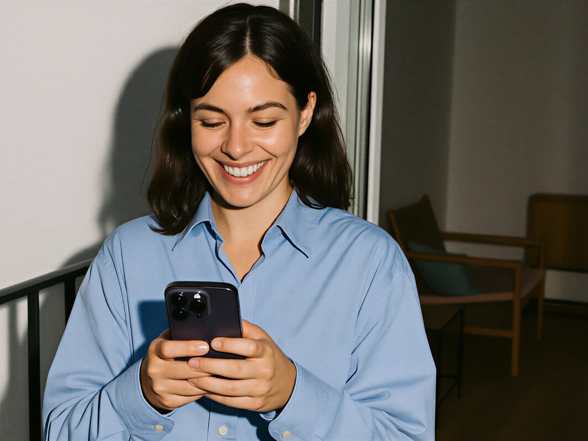 Smiling woman in blue shirt looking at her smartphone indoors at night.