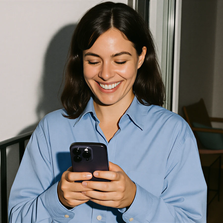Smiling woman in blue shirt looking at phone in her hands indoors.