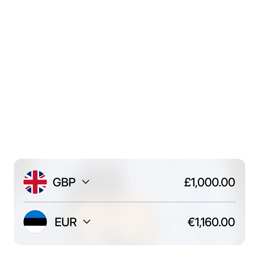 Currency conversion showing 1,000 GBP equals 1,160 EUR with UK and Estonia flags.
