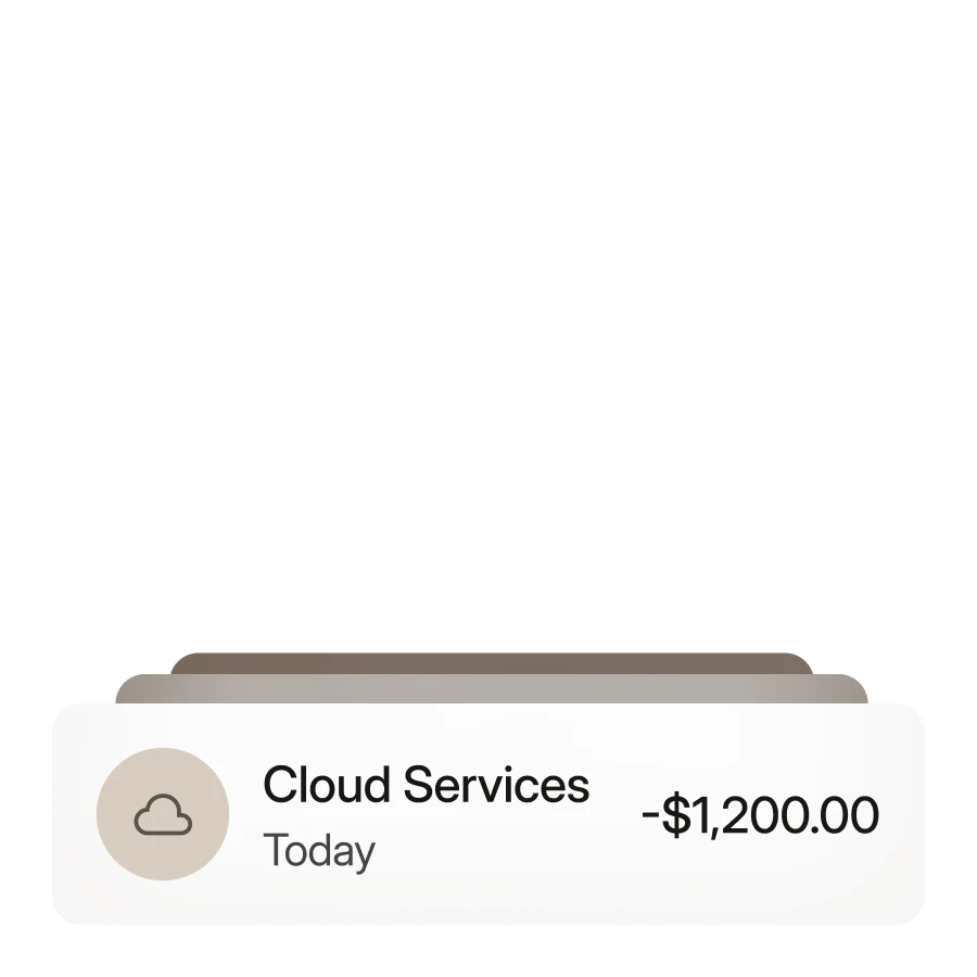 Transaction showing $1,200 payment for Cloud Services made today with cloud icon.