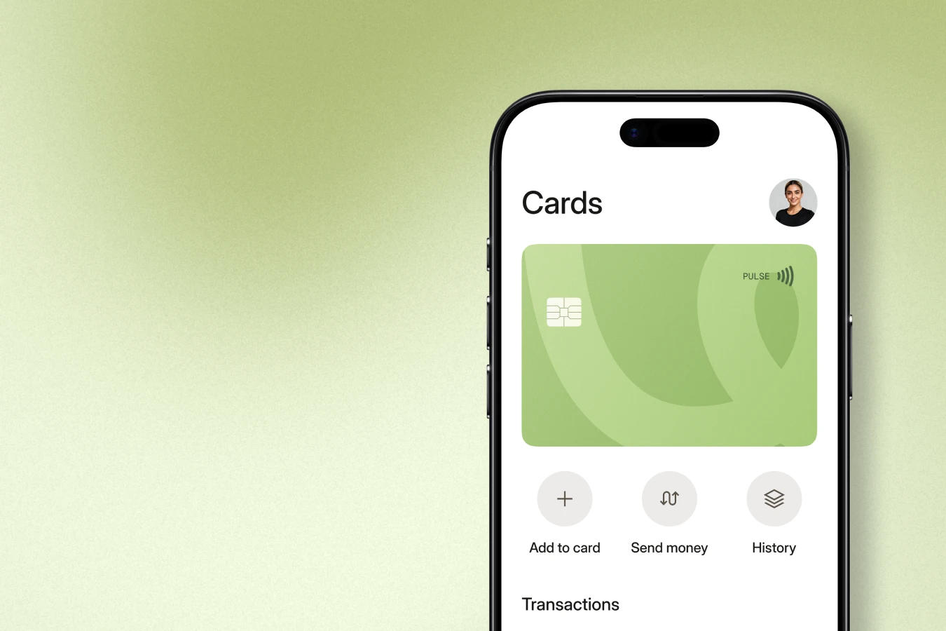 Smartphone screen showing a green digital card with options to add card, send money, and view history.