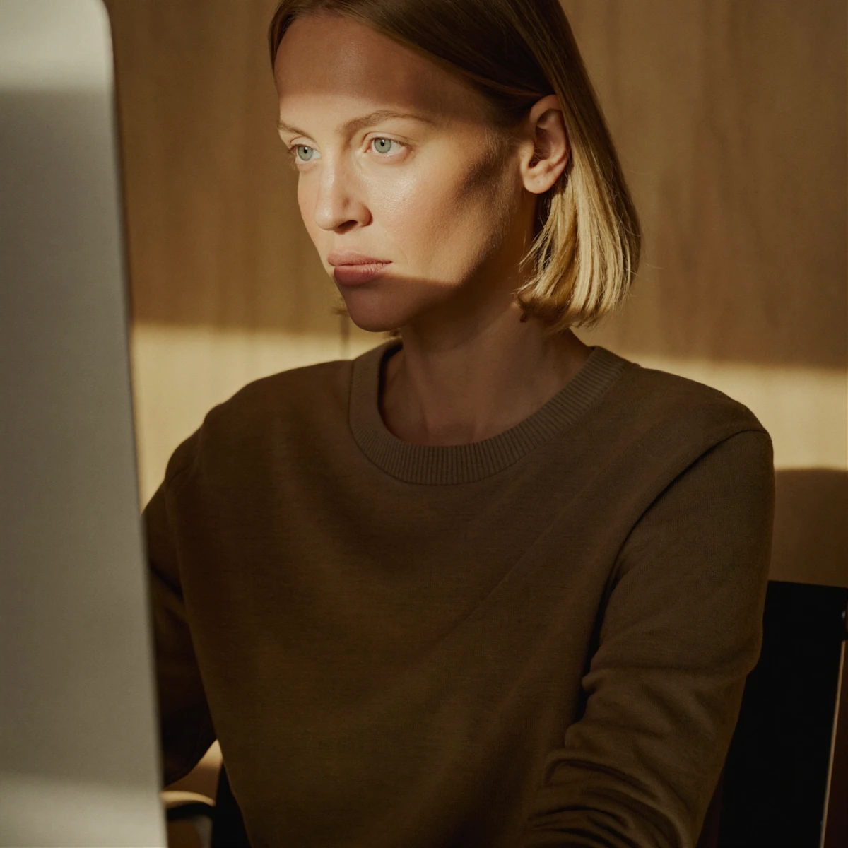 Woman with short blonde hair focused on a computer screen in warm indoor light.