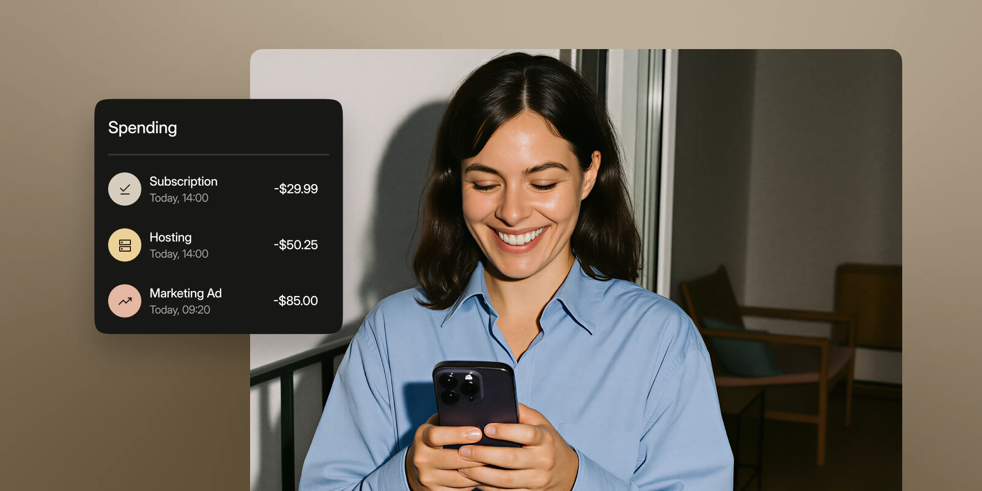 Smiling woman in blue shirt holding a phone with a spending summary for subscription, hosting, and marketing ad.
