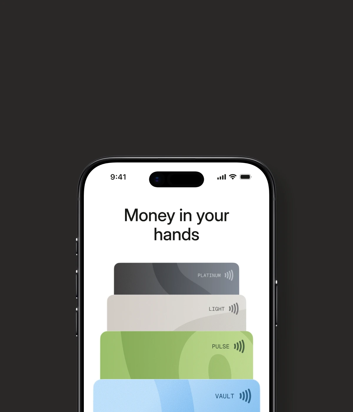 Smartphone screen showing a financial app with cards labeled Platinum, Light, Pulse, and Vault under 'Money in your hands'.
