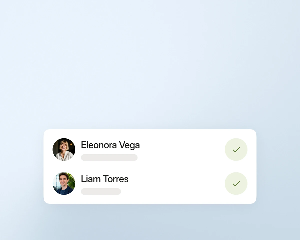 User list panel with profile photos and names Eleonora Vega and Liam Torres, each with a green checkmark.