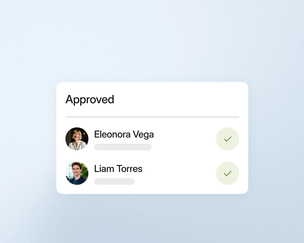 User interface card showing two approved users: Eleonora Vega and Liam Torres with their photos and check marks.