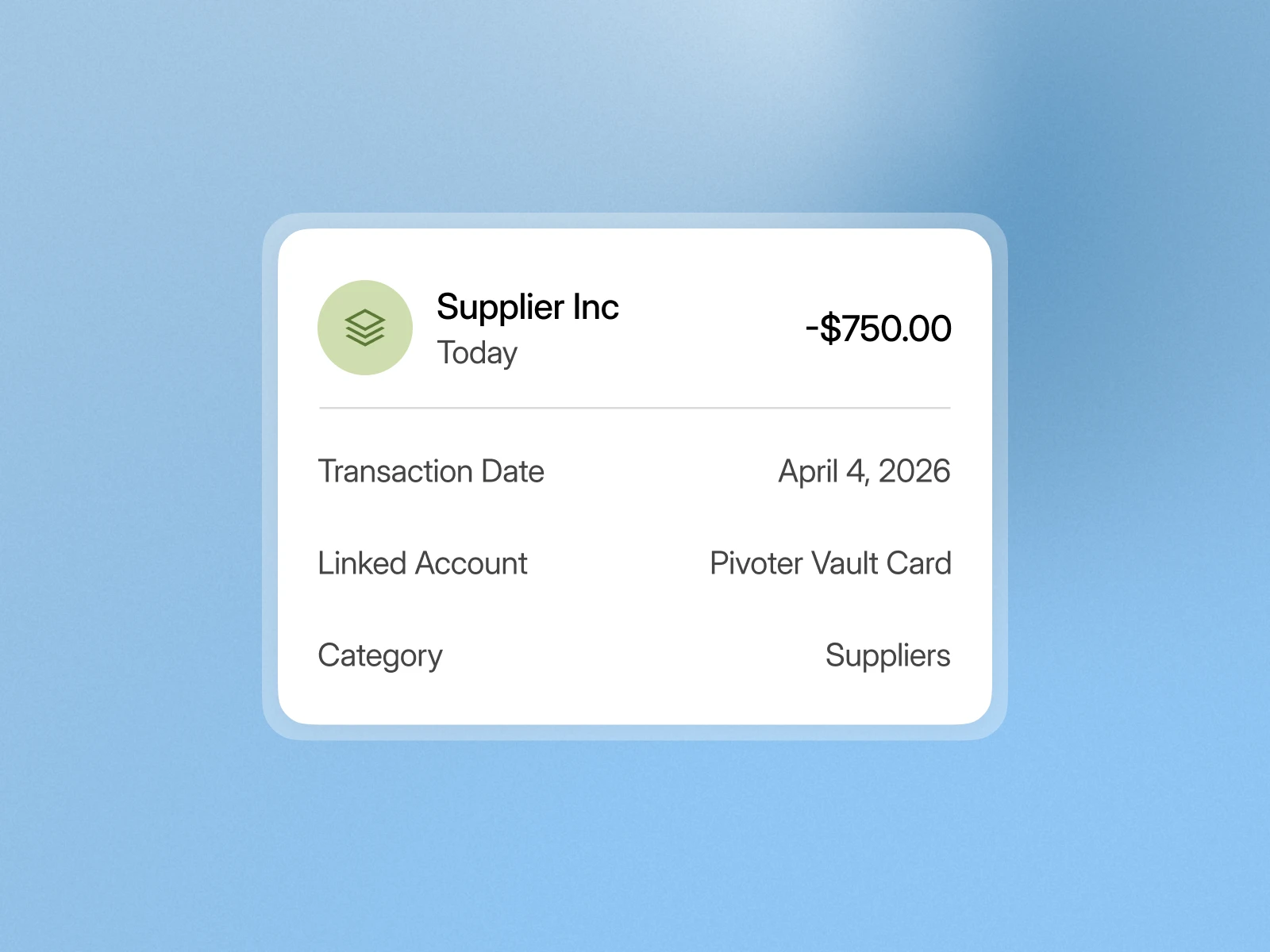 Transaction from Supplier Inc for $750 on April 4, 2026, linked to Pivoter Vault Card, category Suppliers.